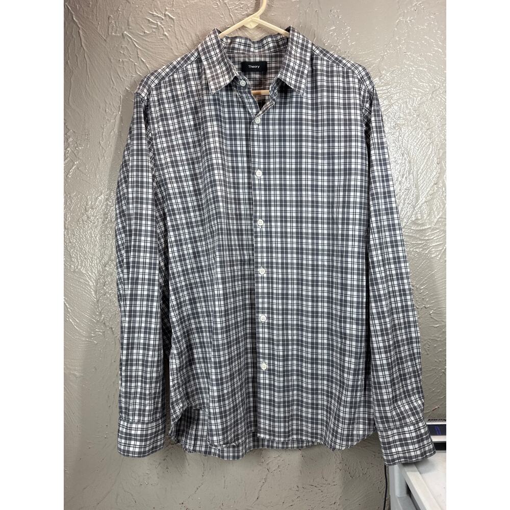 Theory Shirt Mens Dark Gray Plaid Sylvain Skader Dress Button Up Size XL